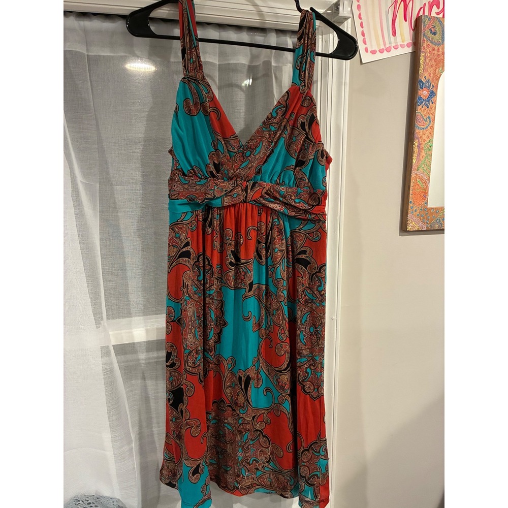 Apt. 9 Womens L Teal Orange Paisley Empire Waist V-Neck Maxi Dress Sleeveless